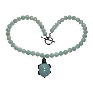 Handcrafted Aquamarine Beaded Necklace Carved Turtle Pendant Asian Symbolism